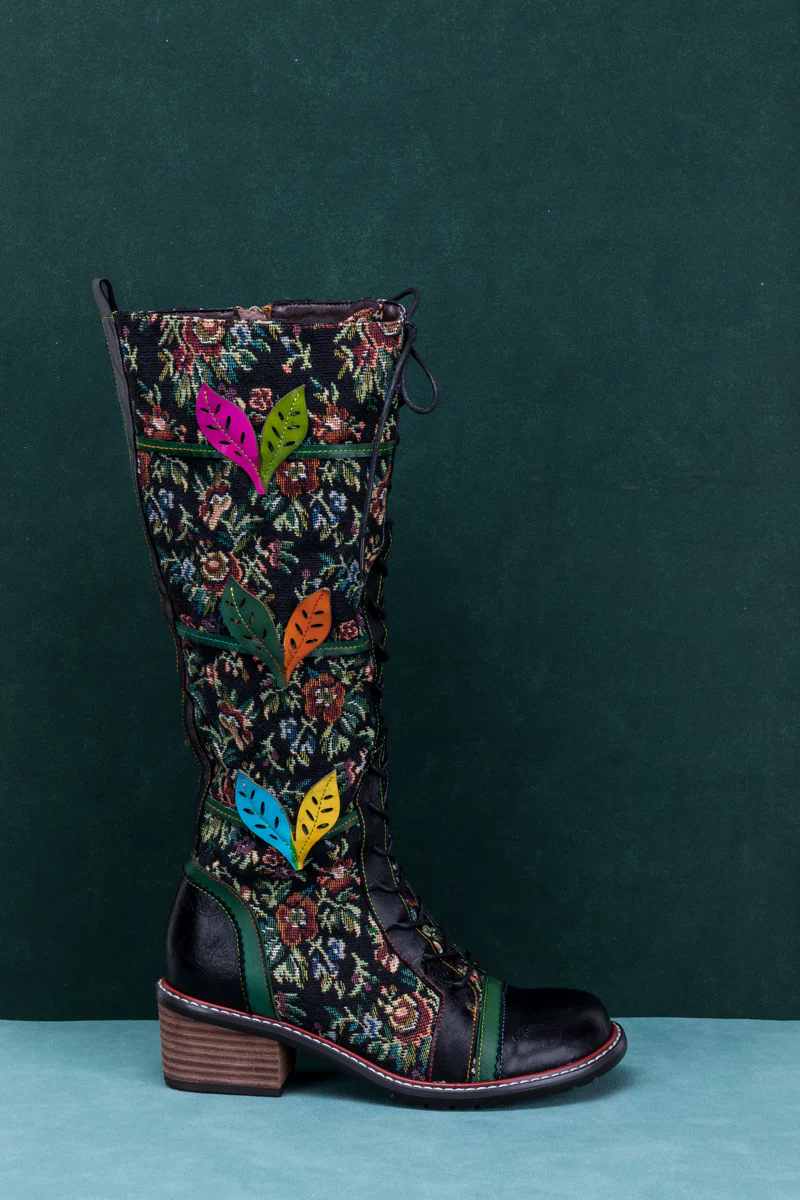 SOFFIA | FLORAL PATCHWORK APPLIQUE LEATHER CANVAS BOOT - Image 9