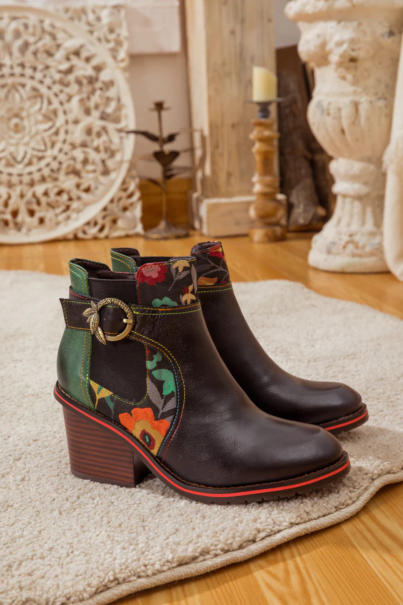 SOFFIA | FLORAL PATTERN BLOCK HEEL LEATHER ANKLE BOOT - Image 10