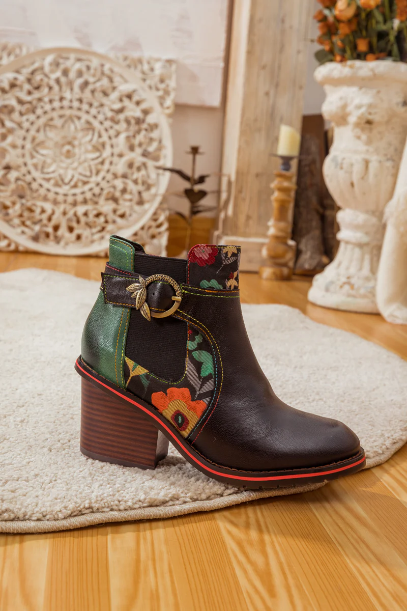 SOFFIA | FLORAL PATTERN BLOCK HEEL LEATHER ANKLE BOOT - Image 11
