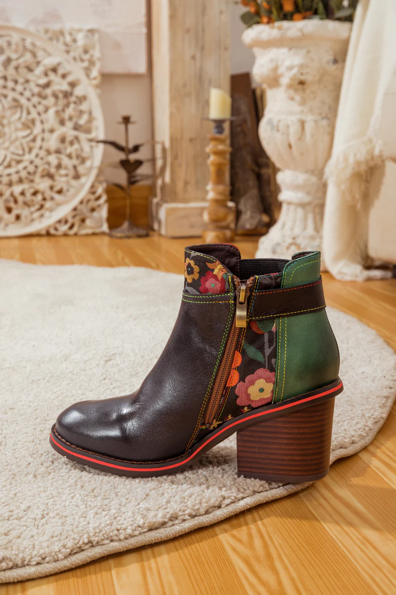 SOFFIA | FLORAL PATTERN BLOCK HEEL LEATHER ANKLE BOOT - Image 12