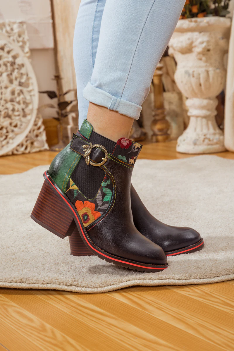 SOFFIA | FLORAL PATTERN BLOCK HEEL LEATHER ANKLE BOOT - Image 3