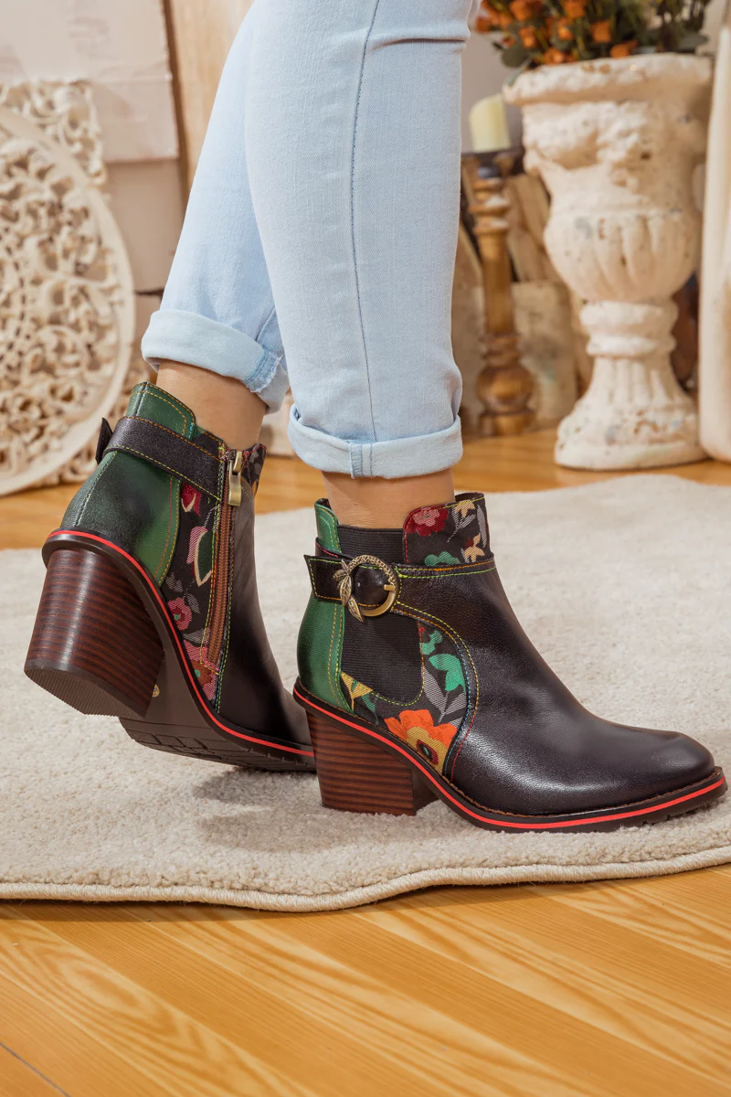 SOFFIA | FLORAL PATTERN BLOCK HEEL LEATHER ANKLE BOOT - Image 4