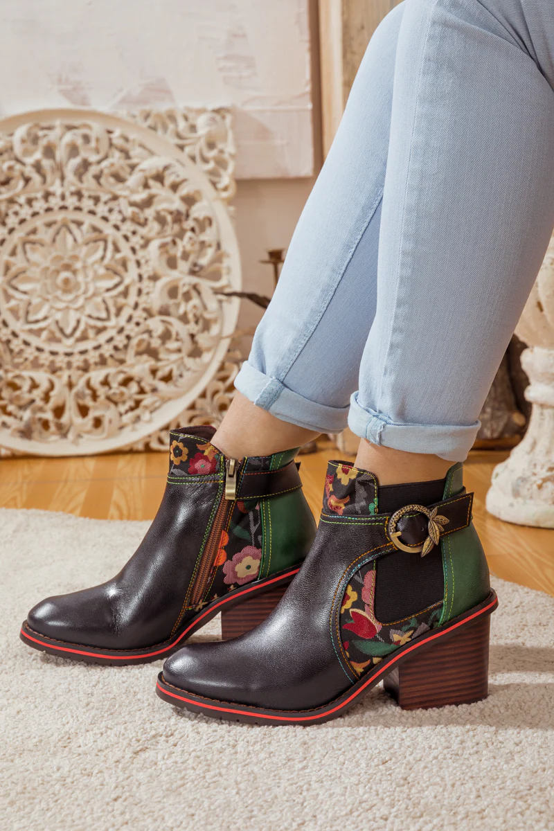 SOFFIA | FLORAL PATTERN BLOCK HEEL LEATHER ANKLE BOOT - Image 5