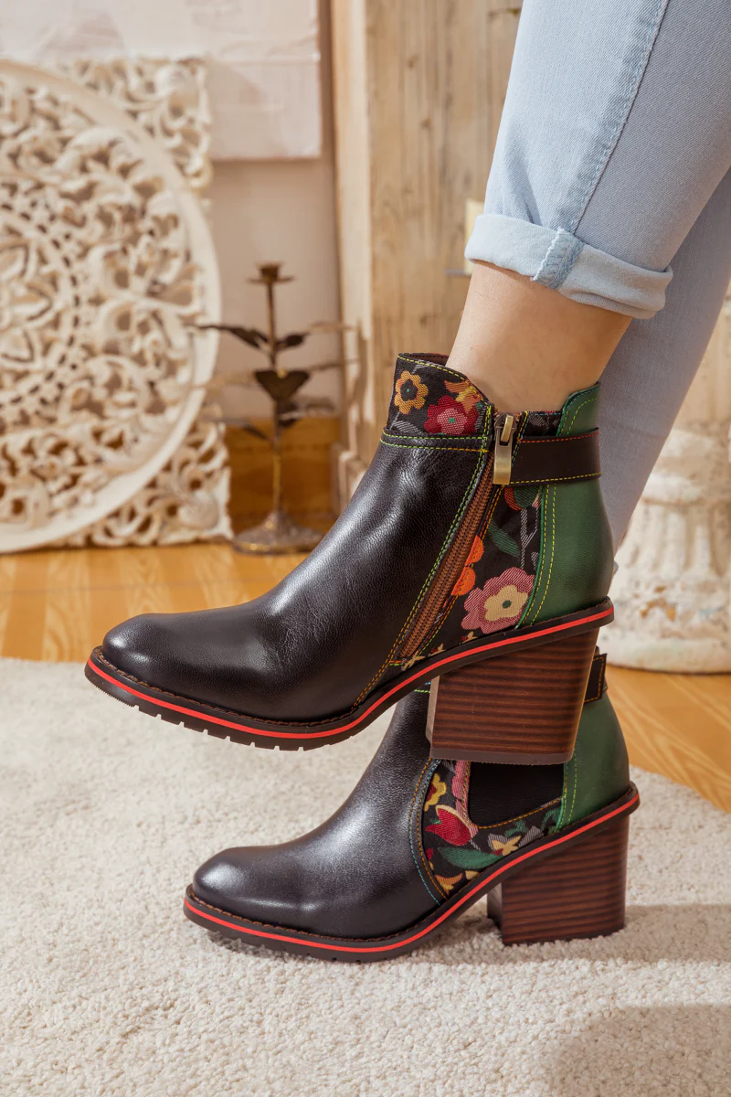 SOFFIA | FLORAL PATTERN BLOCK HEEL LEATHER ANKLE BOOT - Image 6
