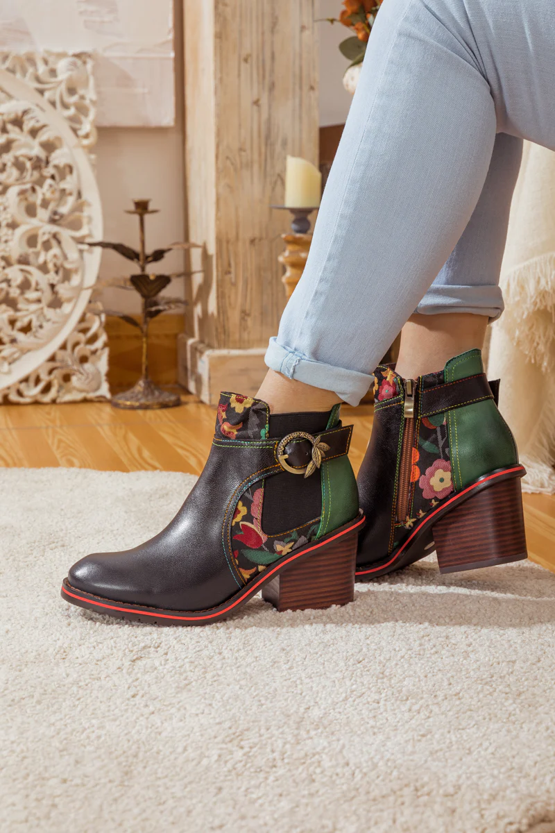 SOFFIA | FLORAL PATTERN BLOCK HEEL LEATHER ANKLE BOOT - Image 7