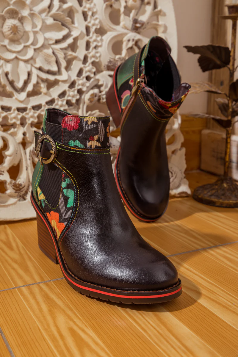 SOFFIA | FLORAL PATTERN BLOCK HEEL LEATHER ANKLE BOOT - Image 8