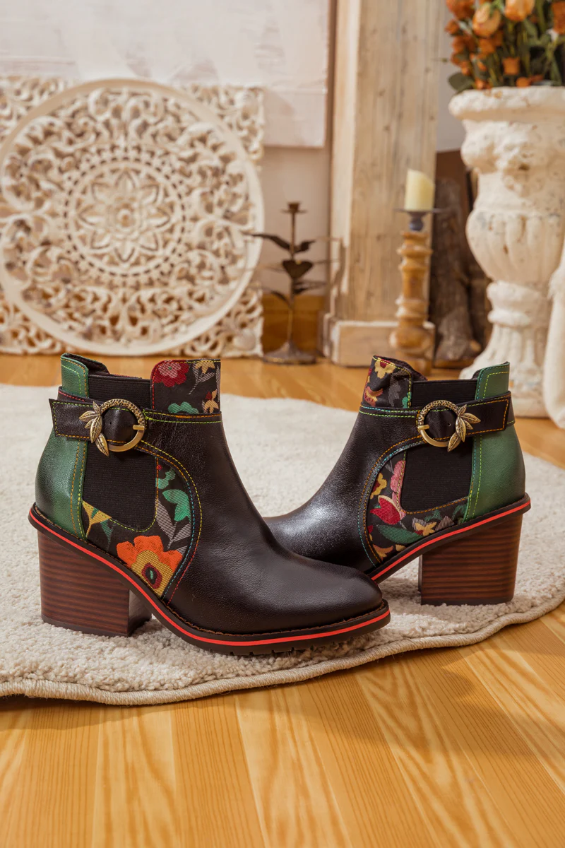 SOFFIA | FLORAL PATTERN BLOCK HEEL LEATHER ANKLE BOOT - Image 9