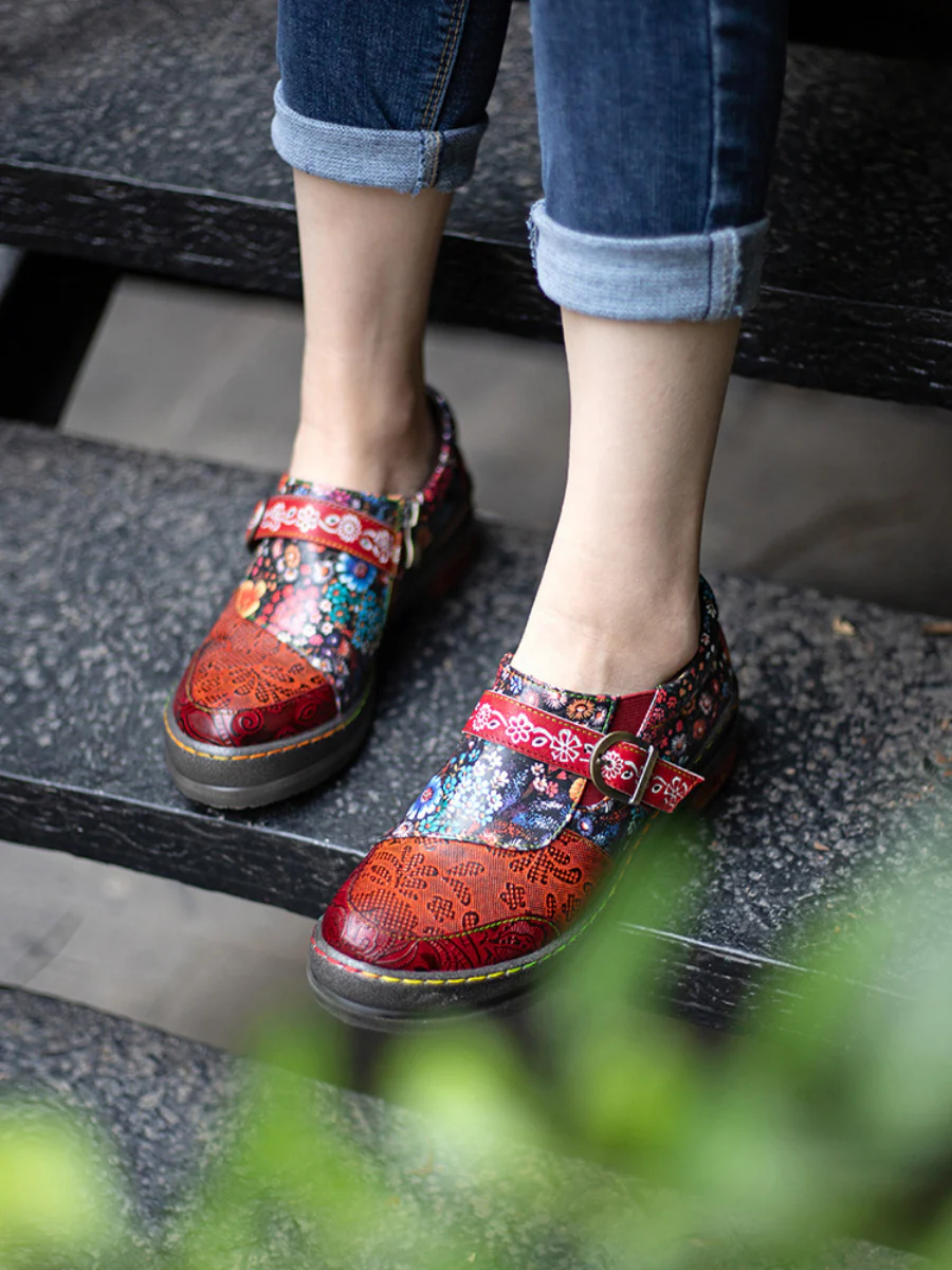 SOFFIA | Floral Printed Boho Genuine Leather Sneakers Oxford Shoes - Image 3