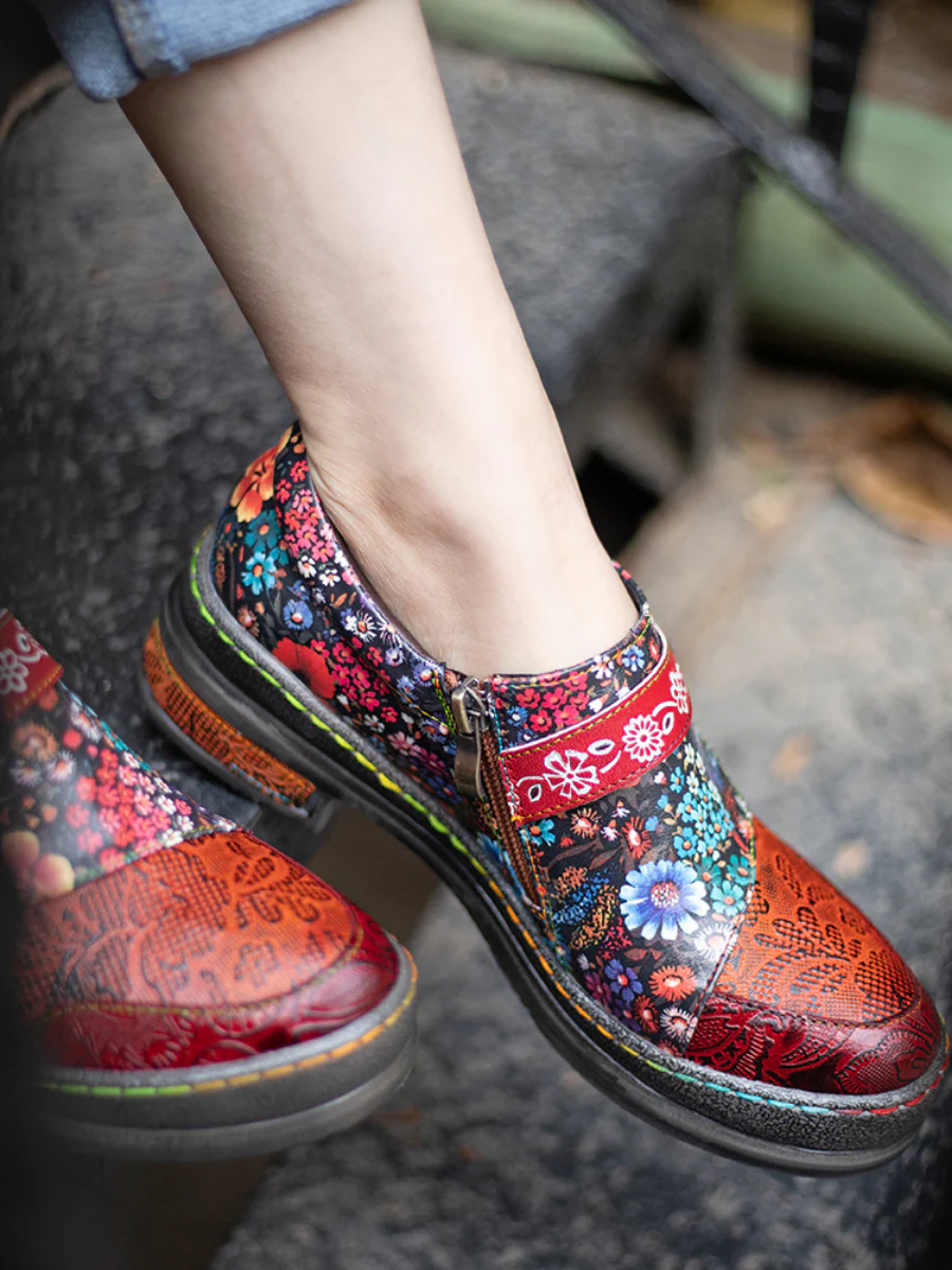 SOFFIA | Floral Printed Boho Genuine Leather Sneakers Oxford Shoes - Image 4