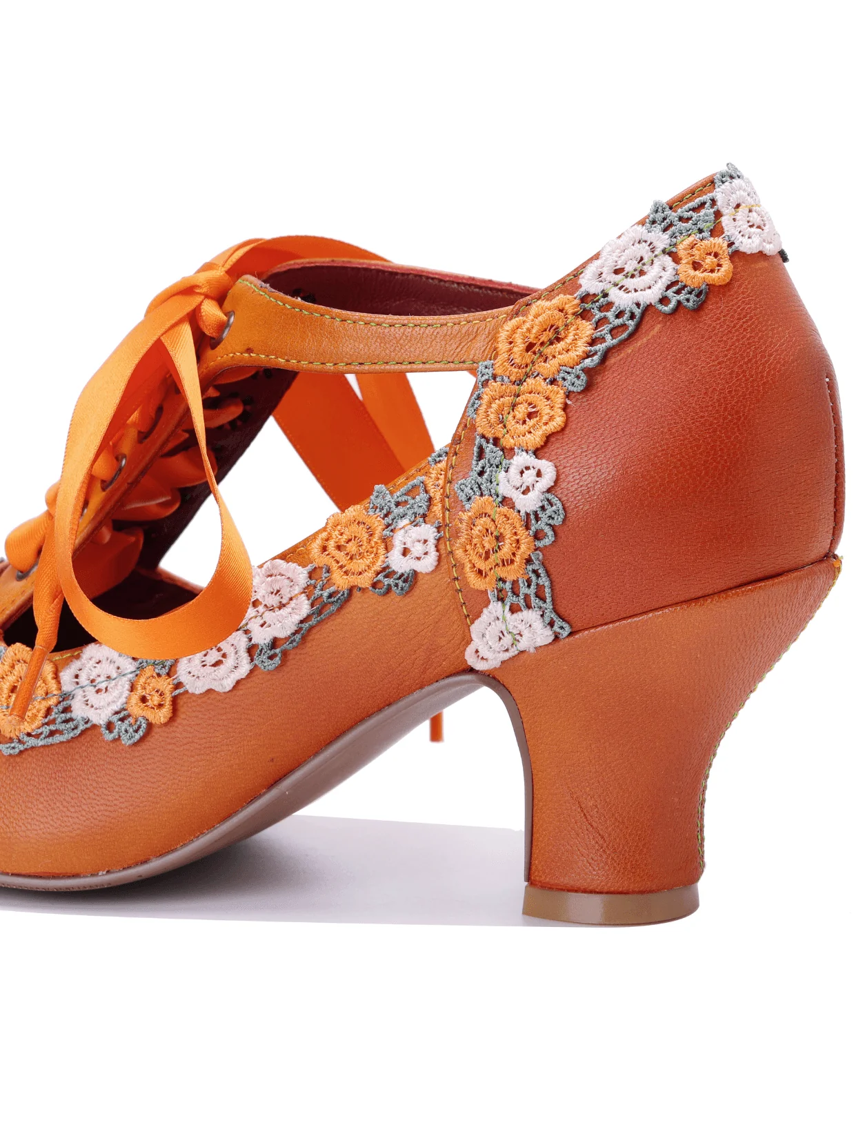 Soffia | Florenza Floral Lace Trim Leather Oxford - orange - Image 12
