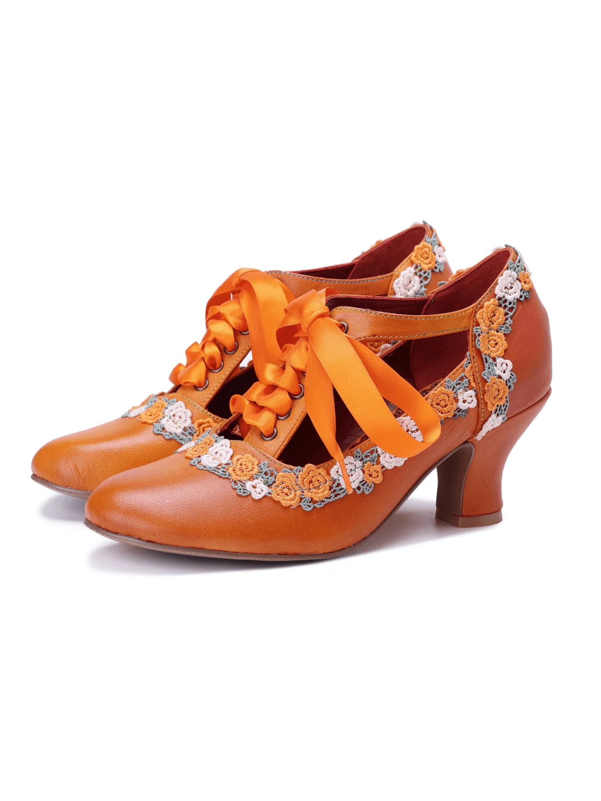 Soffia | Florenza Floral Lace Trim Leather Oxford - orange - Image 5