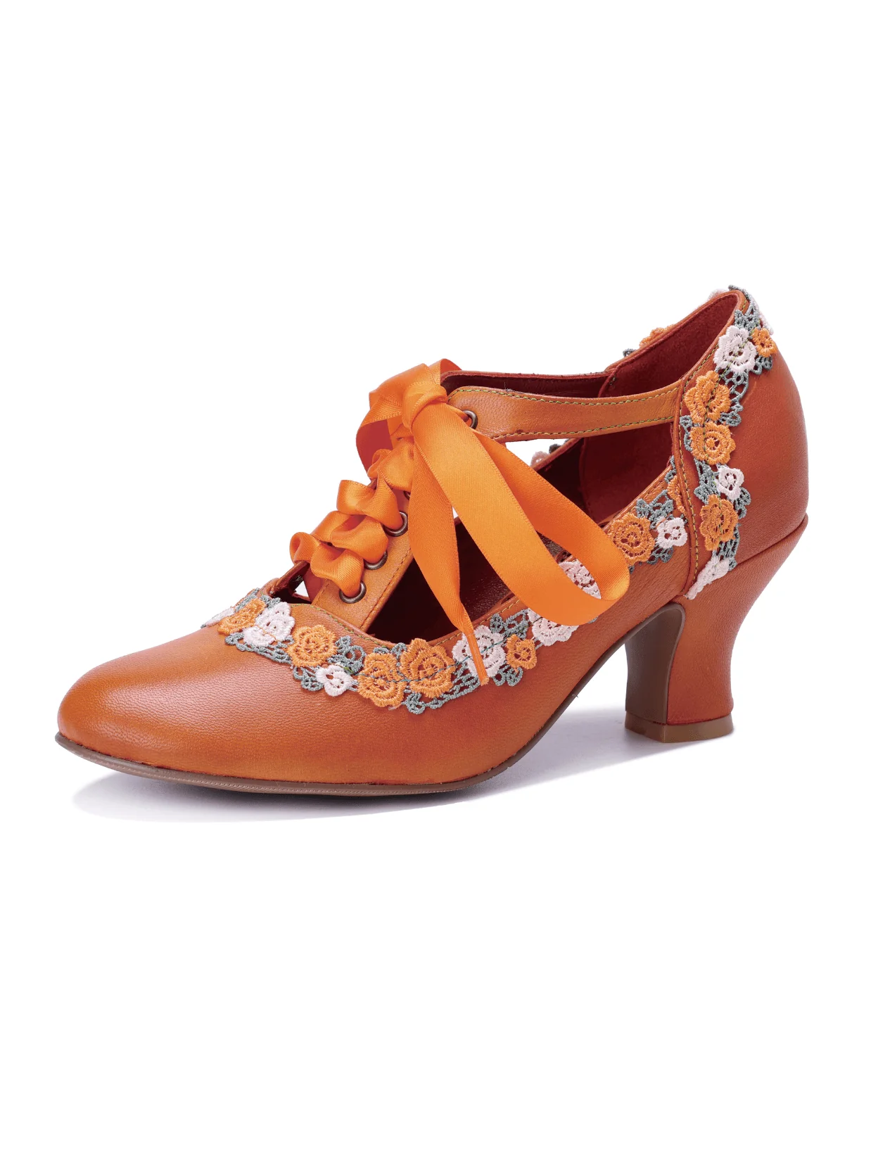 Soffia | Florenza Floral Lace Trim Leather Oxford - orange - Image 7