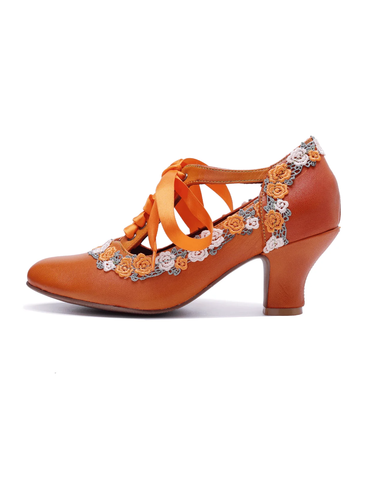 Soffia | Florenza Floral Lace Trim Leather Oxford - orange - Image 8