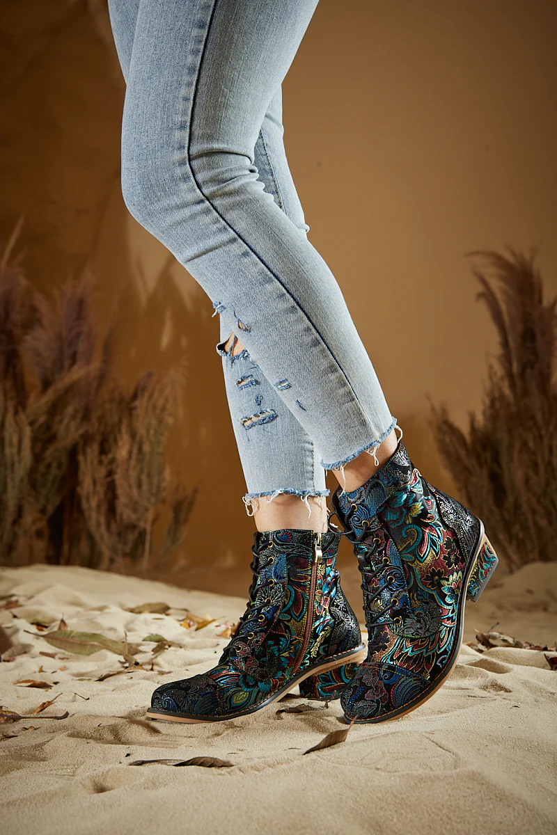 Soffia | Frances Floral Leather Block Heel Ankle Boots - Image 2