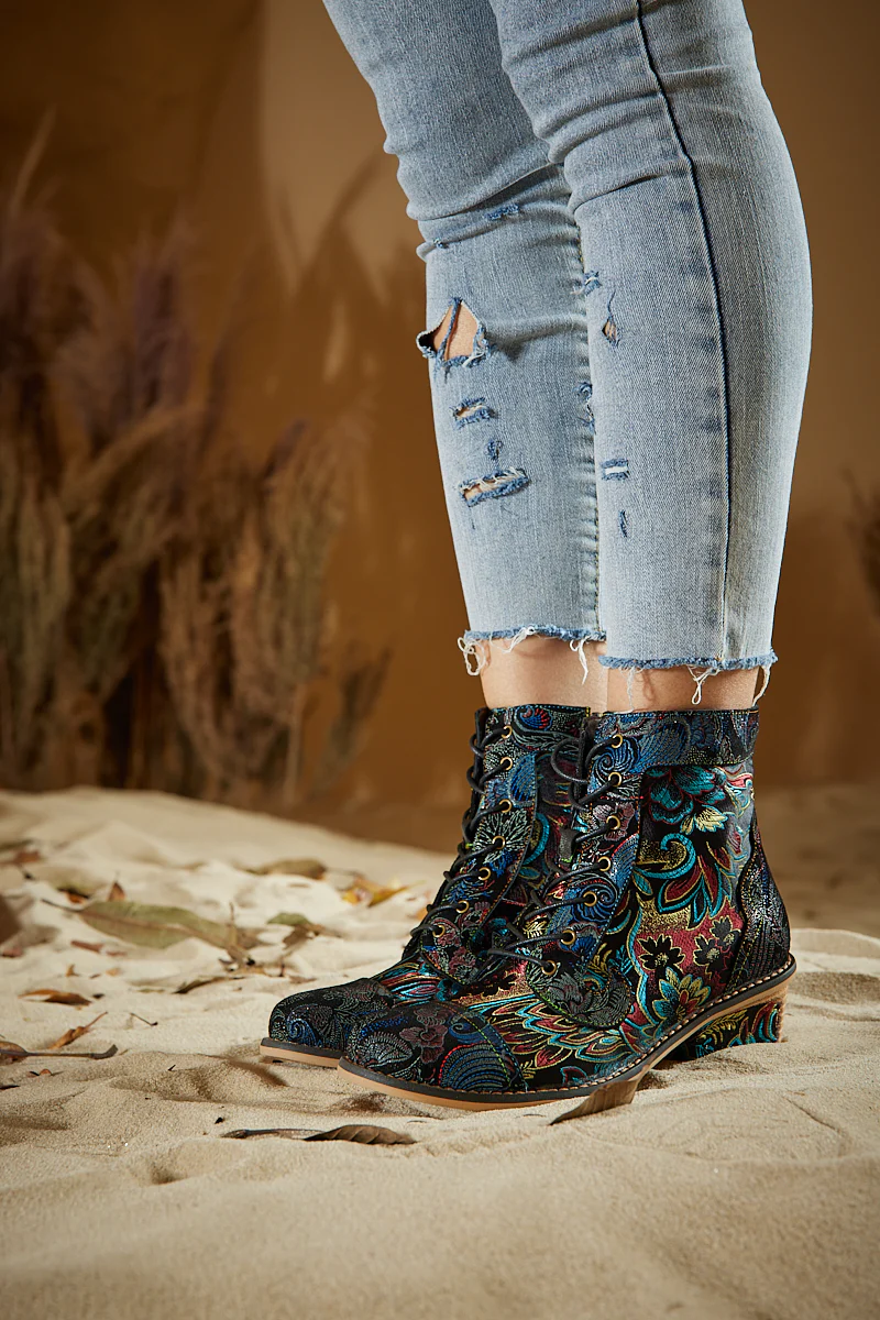 Soffia | Frances Floral Leather Block Heel Ankle Boots - Image 3
