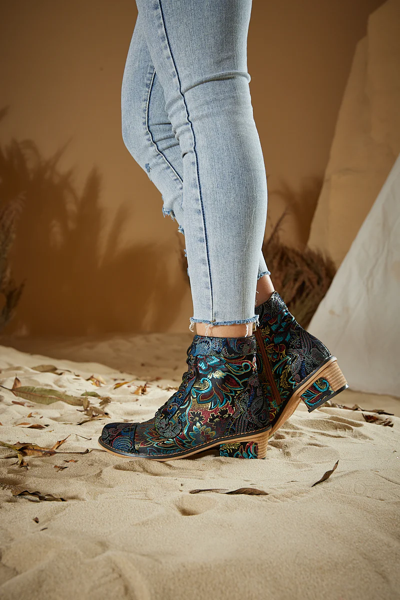 Soffia | Frances Floral Leather Block Heel Ankle Boots - Image 4