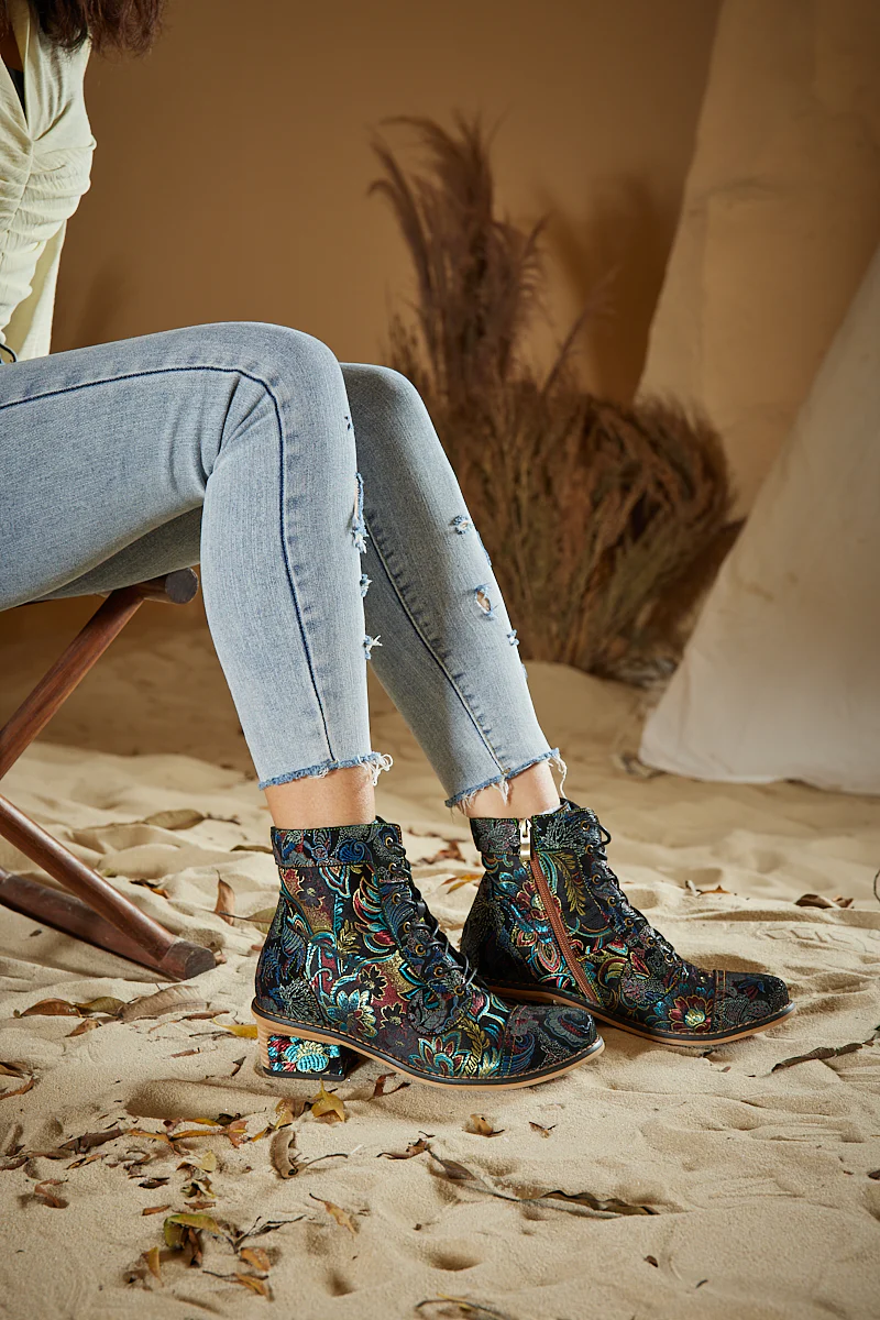 Soffia | Frances Floral Leather Block Heel Ankle Boots - Image 6