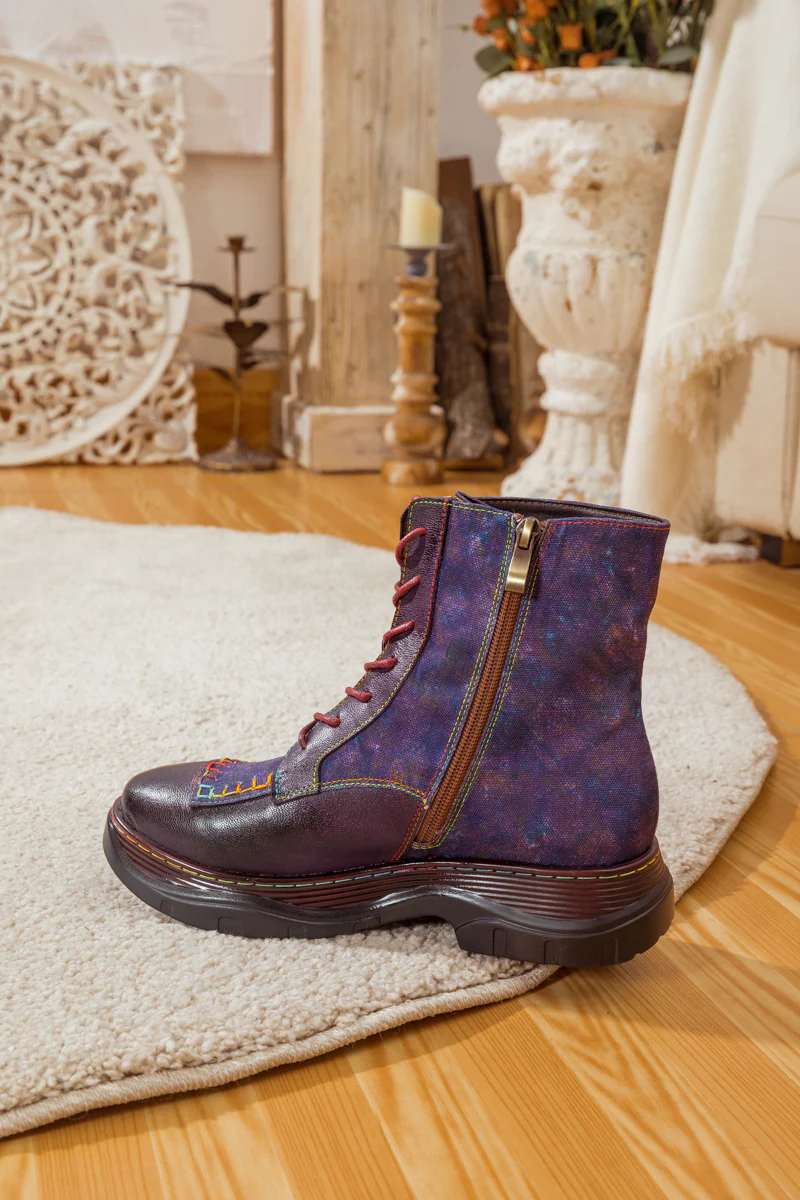 SOFFIA | GALAXY LEAF APPLIQUE LEATHER CANVAS COMBAT BOOT - Image 10