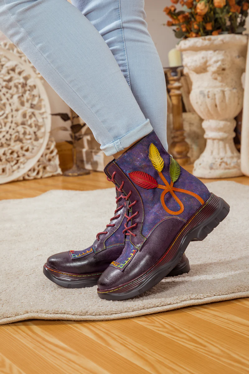 SOFFIA | GALAXY LEAF APPLIQUE LEATHER CANVAS COMBAT BOOT - Image 11