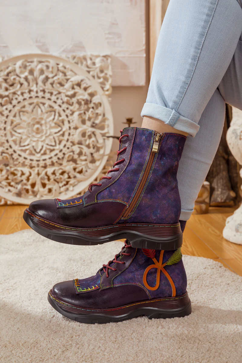 SOFFIA | GALAXY LEAF APPLIQUE LEATHER CANVAS COMBAT BOOT - Image 12