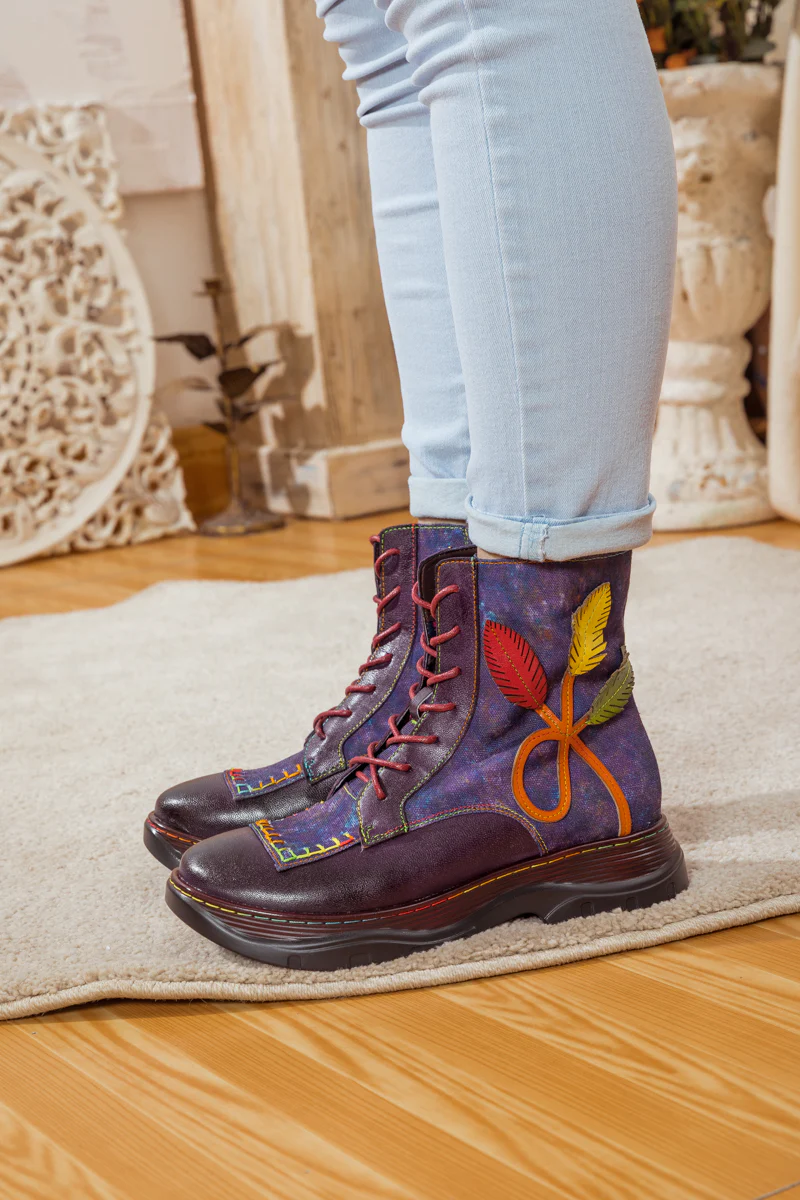 SOFFIA | GALAXY LEAF APPLIQUE LEATHER CANVAS COMBAT BOOT - Image 3