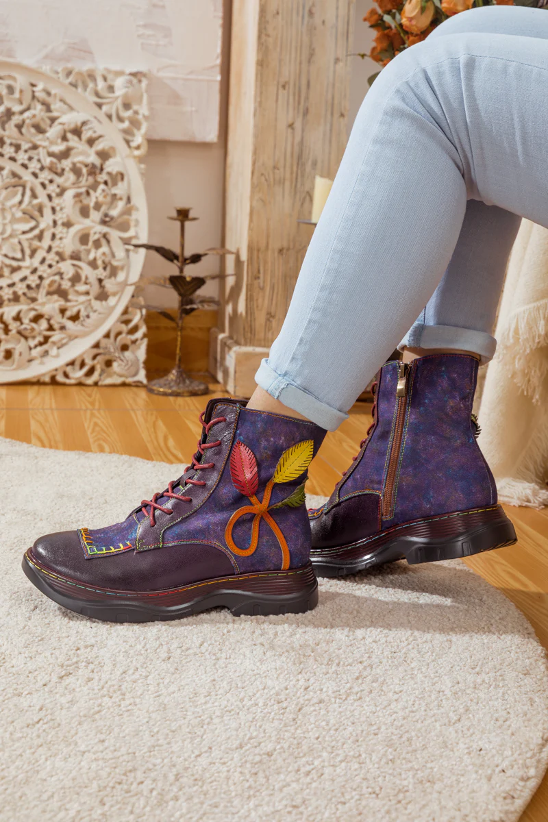 SOFFIA | GALAXY LEAF APPLIQUE LEATHER CANVAS COMBAT BOOT - Image 4