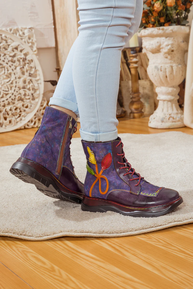 SOFFIA | GALAXY LEAF APPLIQUE LEATHER CANVAS COMBAT BOOT - Image 5