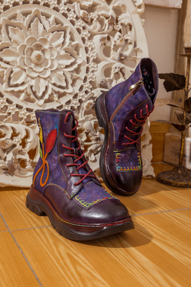 SOFFIA | GALAXY LEAF APPLIQUE LEATHER CANVAS COMBAT BOOT - Image 6
