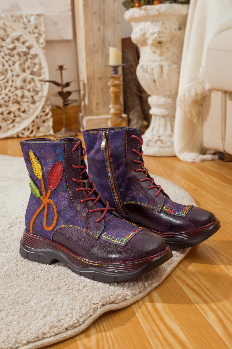 SOFFIA | GALAXY LEAF APPLIQUE LEATHER CANVAS COMBAT BOOT - Image 7