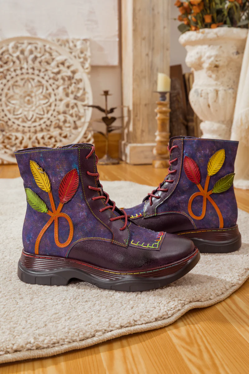 SOFFIA | GALAXY LEAF APPLIQUE LEATHER CANVAS COMBAT BOOT - Image 8