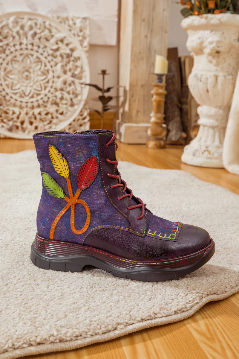 SOFFIA | GALAXY LEAF APPLIQUE LEATHER CANVAS COMBAT BOOT - Image 9