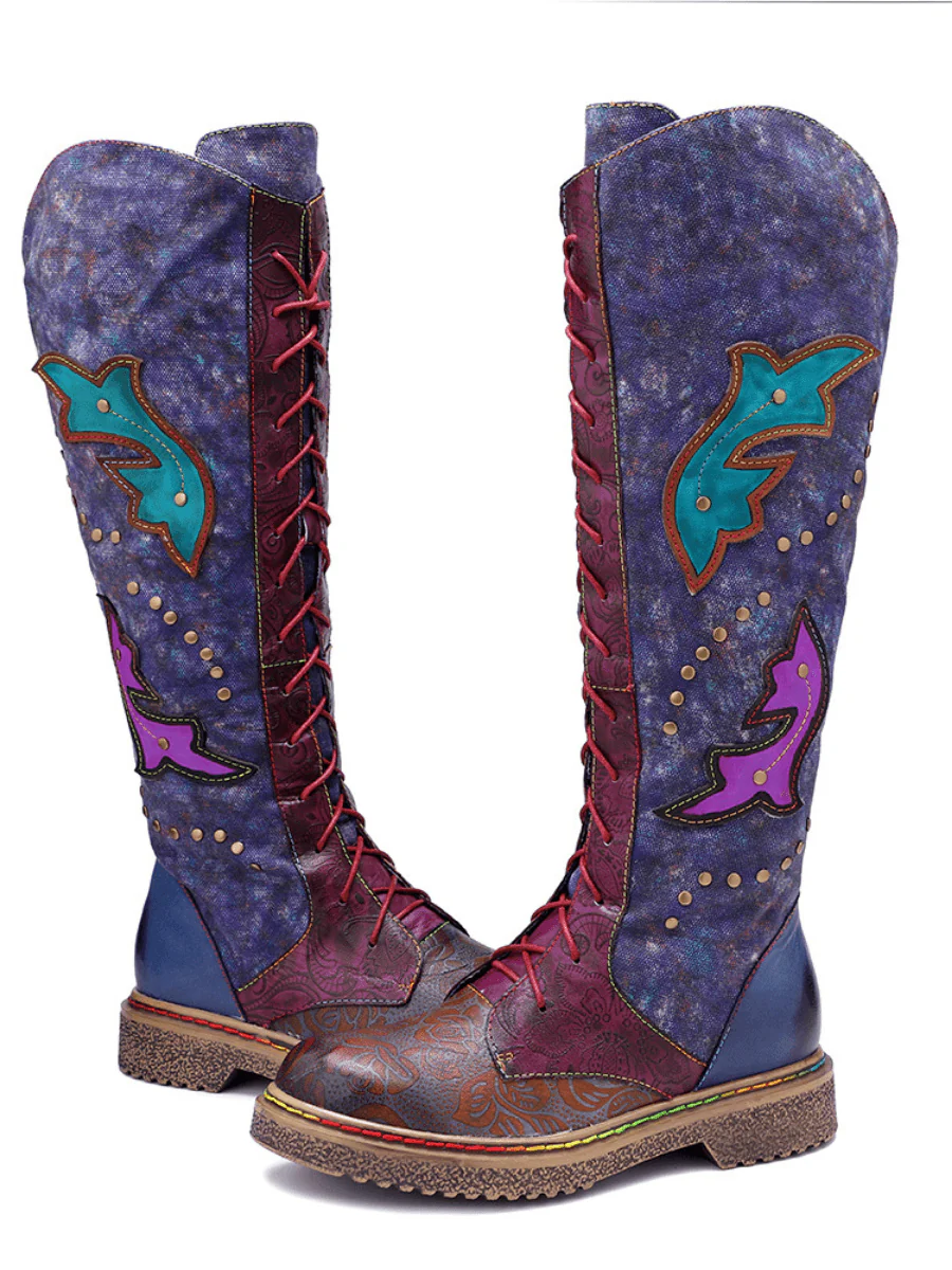 SOFFIA | Genuine Leather Galaxy Printed Tie-Accent Boho Knee High Boots - Image 10