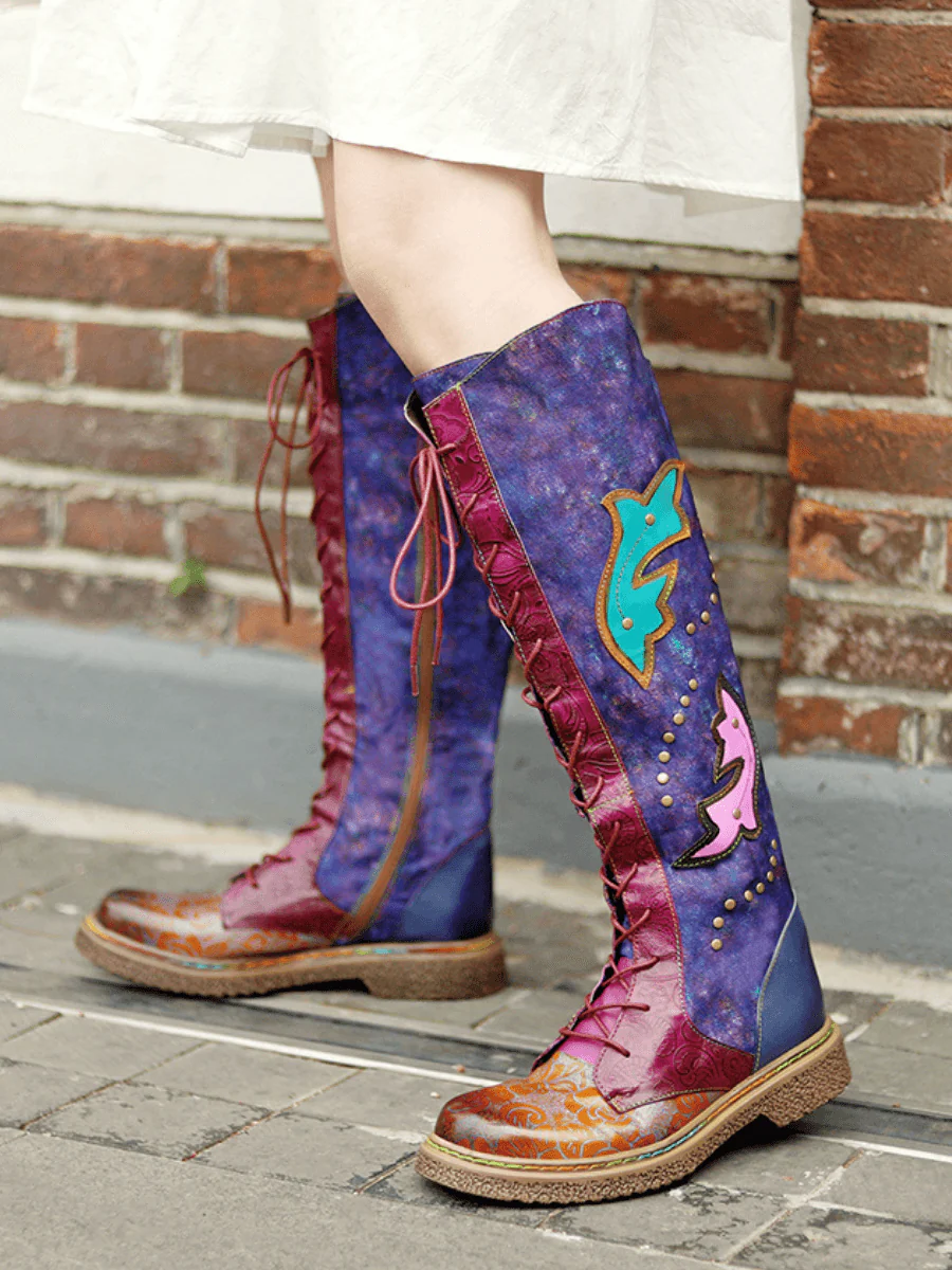 SOFFIA | Genuine Leather Galaxy Printed Tie-Accent Boho Knee High Boots - Image 3