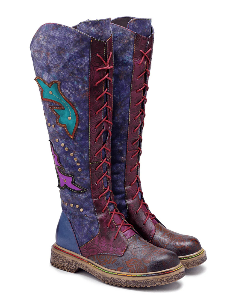 SOFFIA | Genuine Leather Galaxy Printed Tie-Accent Boho Knee High Boots - Image 4
