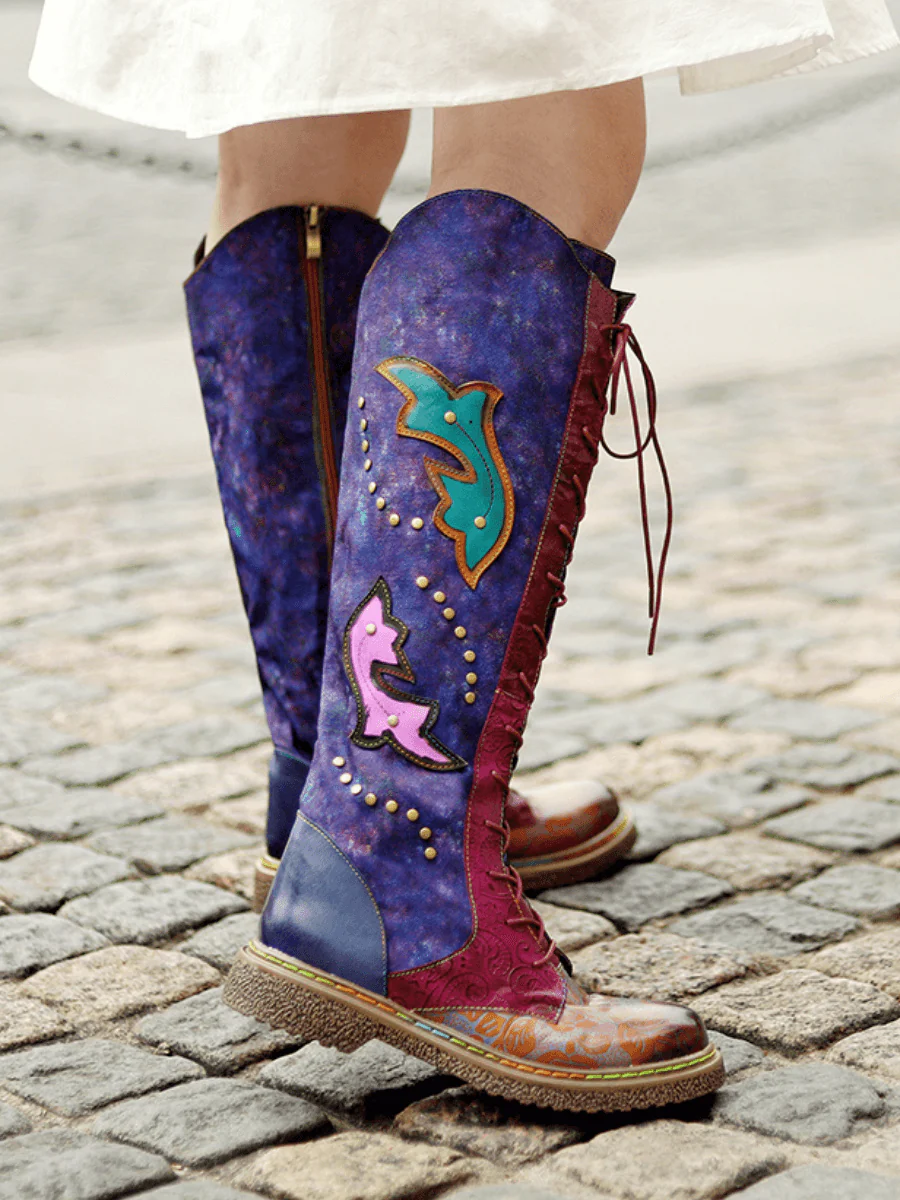 SOFFIA | Genuine Leather Galaxy Printed Tie-Accent Boho Knee High Boots - Image 5