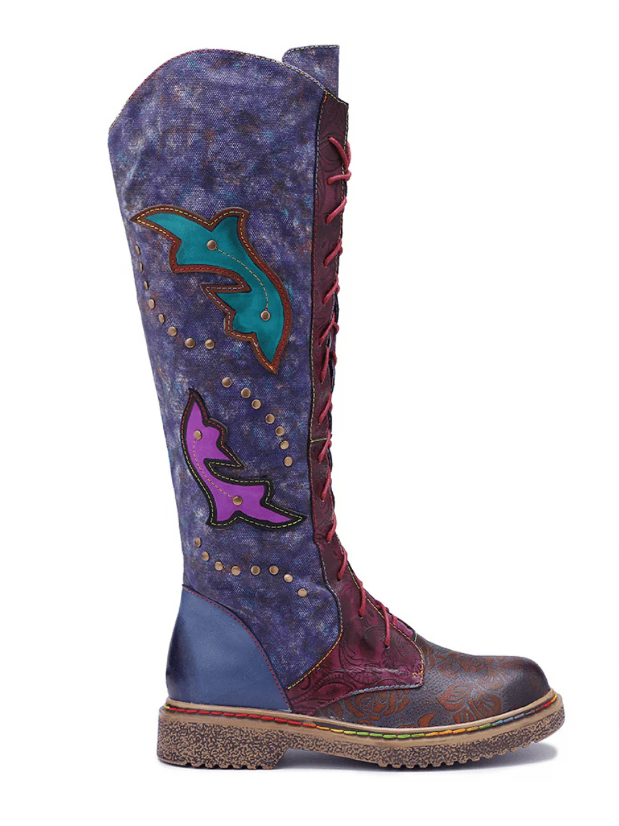 SOFFIA | Genuine Leather Galaxy Printed Tie-Accent Boho Knee High Boots - Image 6