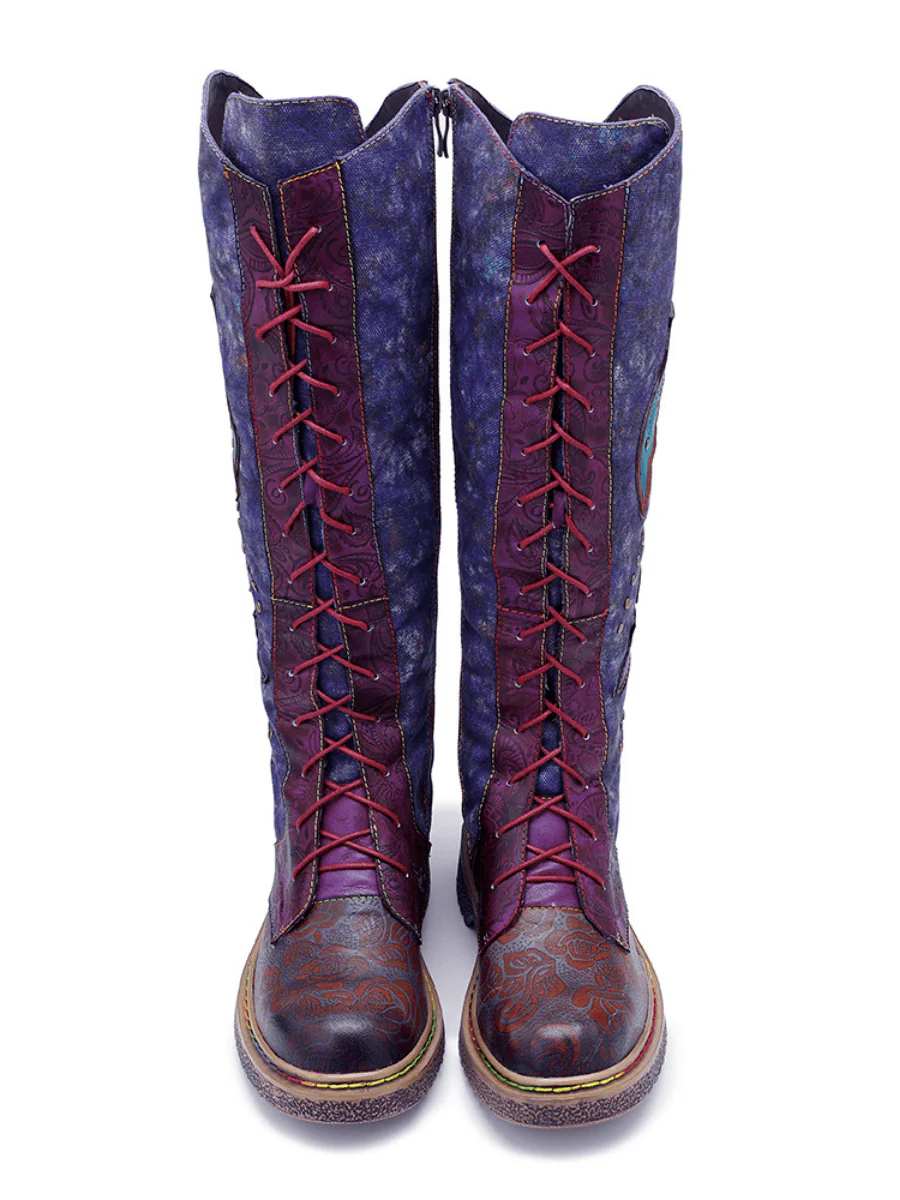 SOFFIA | Genuine Leather Galaxy Printed Tie-Accent Boho Knee High Boots - Image 8