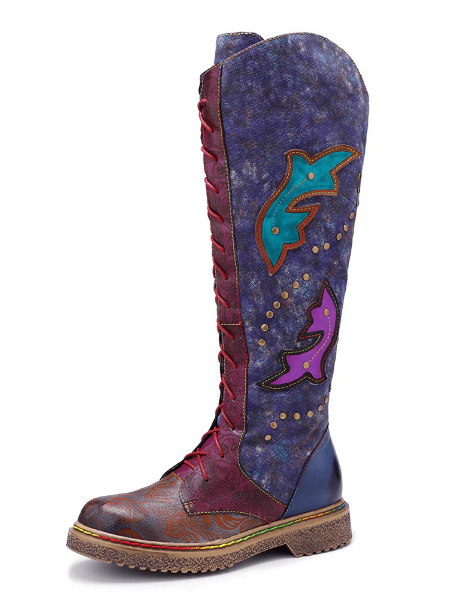 SOFFIA | Genuine Leather Galaxy Printed Tie-Accent Boho Knee High Boots - Image 9