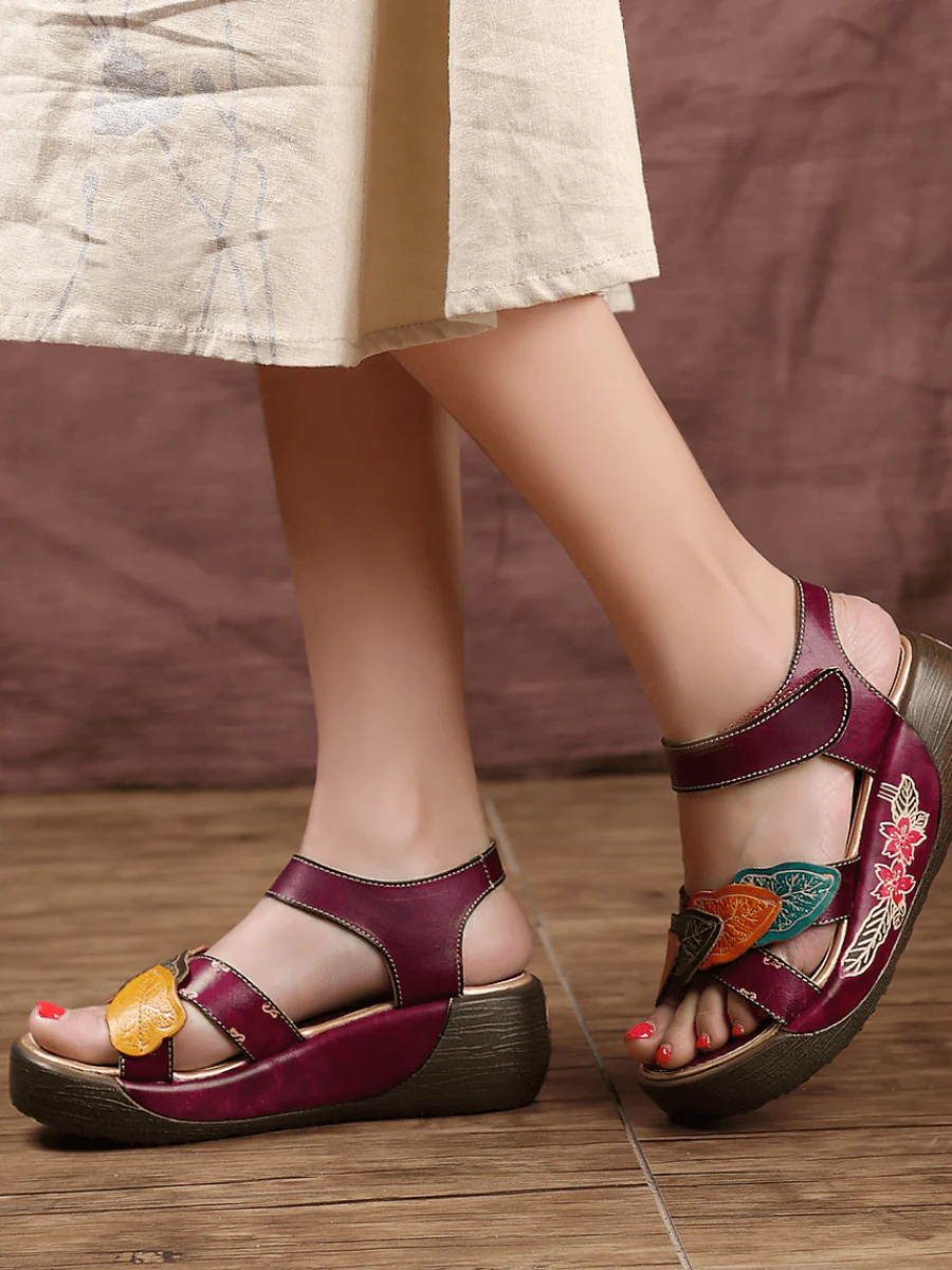 SOFFIA | GENUINE LEATHER FLORAL APPLIQUE PLATFORM ANKLE STRAP SANDAL - Image 3
