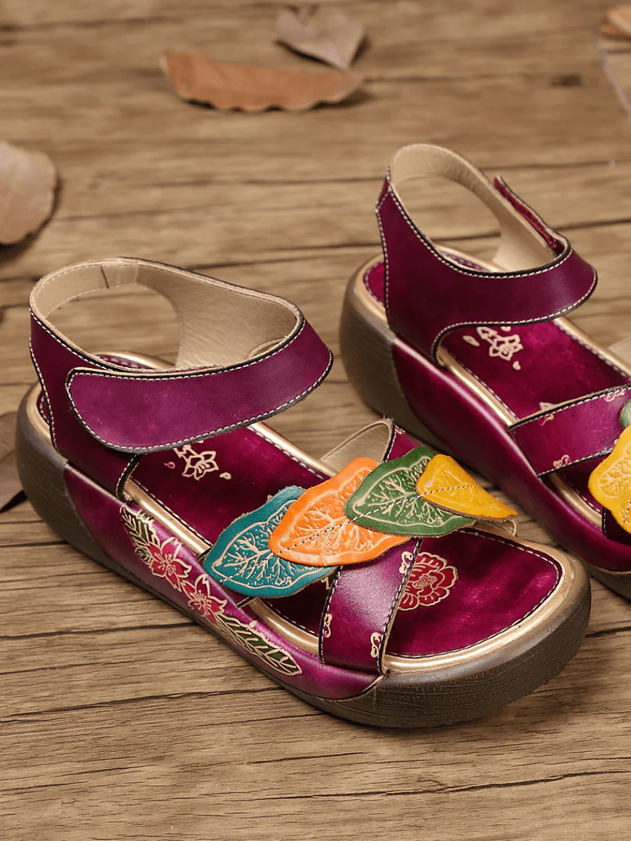 SOFFIA | GENUINE LEATHER FLORAL APPLIQUE PLATFORM ANKLE STRAP SANDAL - Image 5