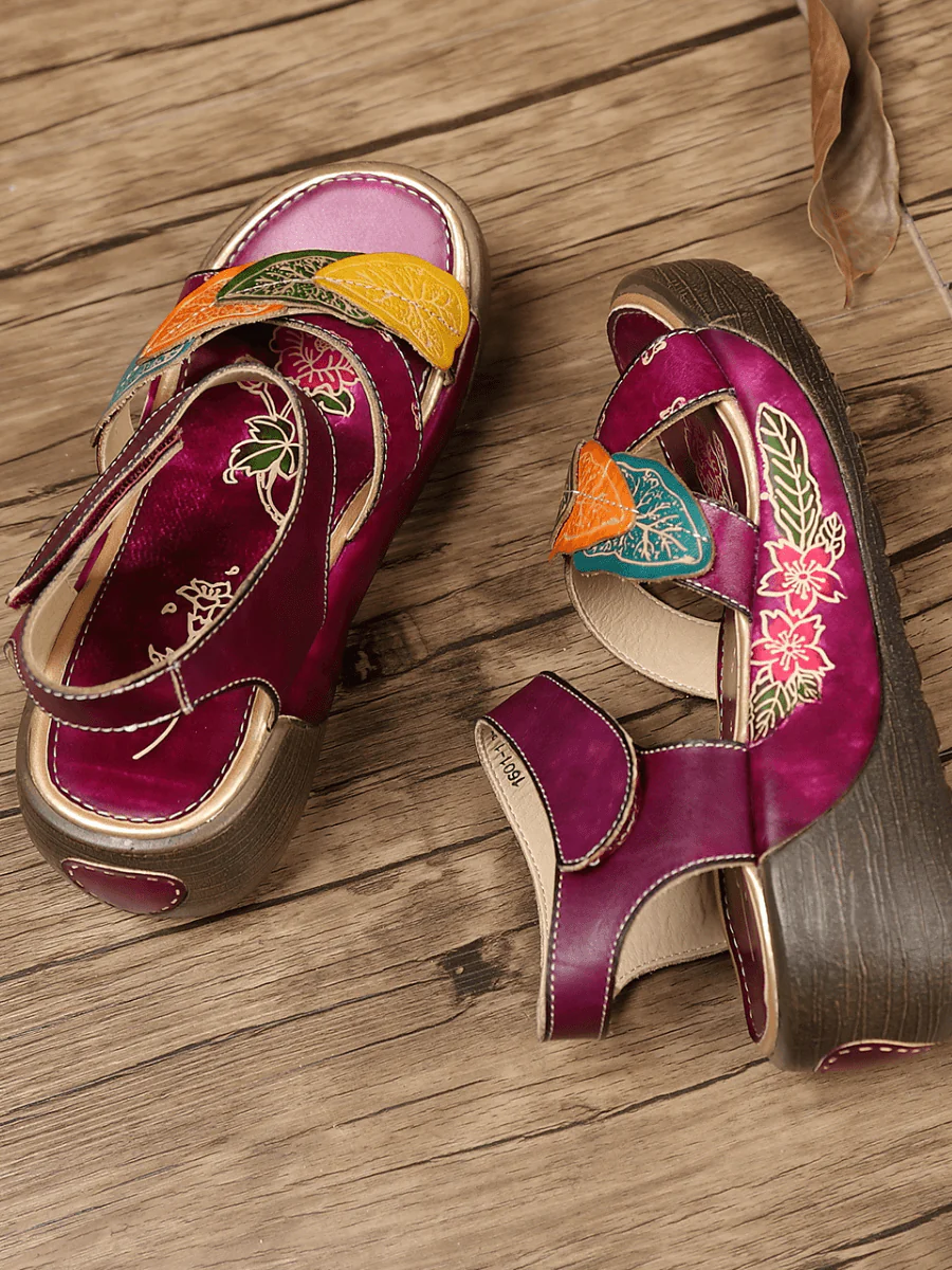 SOFFIA | GENUINE LEATHER FLORAL APPLIQUE PLATFORM ANKLE STRAP SANDAL - Image 6