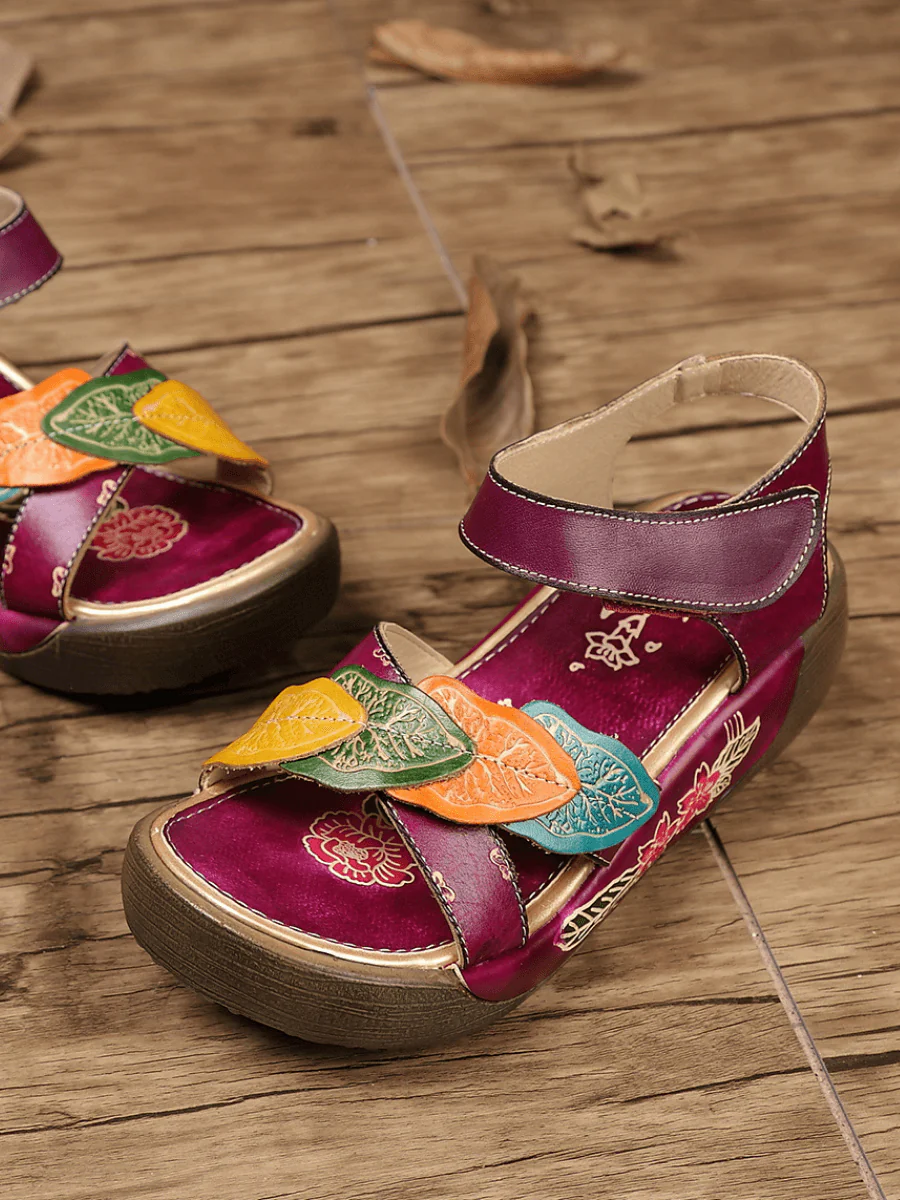 SOFFIA | GENUINE LEATHER FLORAL APPLIQUE PLATFORM ANKLE STRAP SANDAL - Image 7