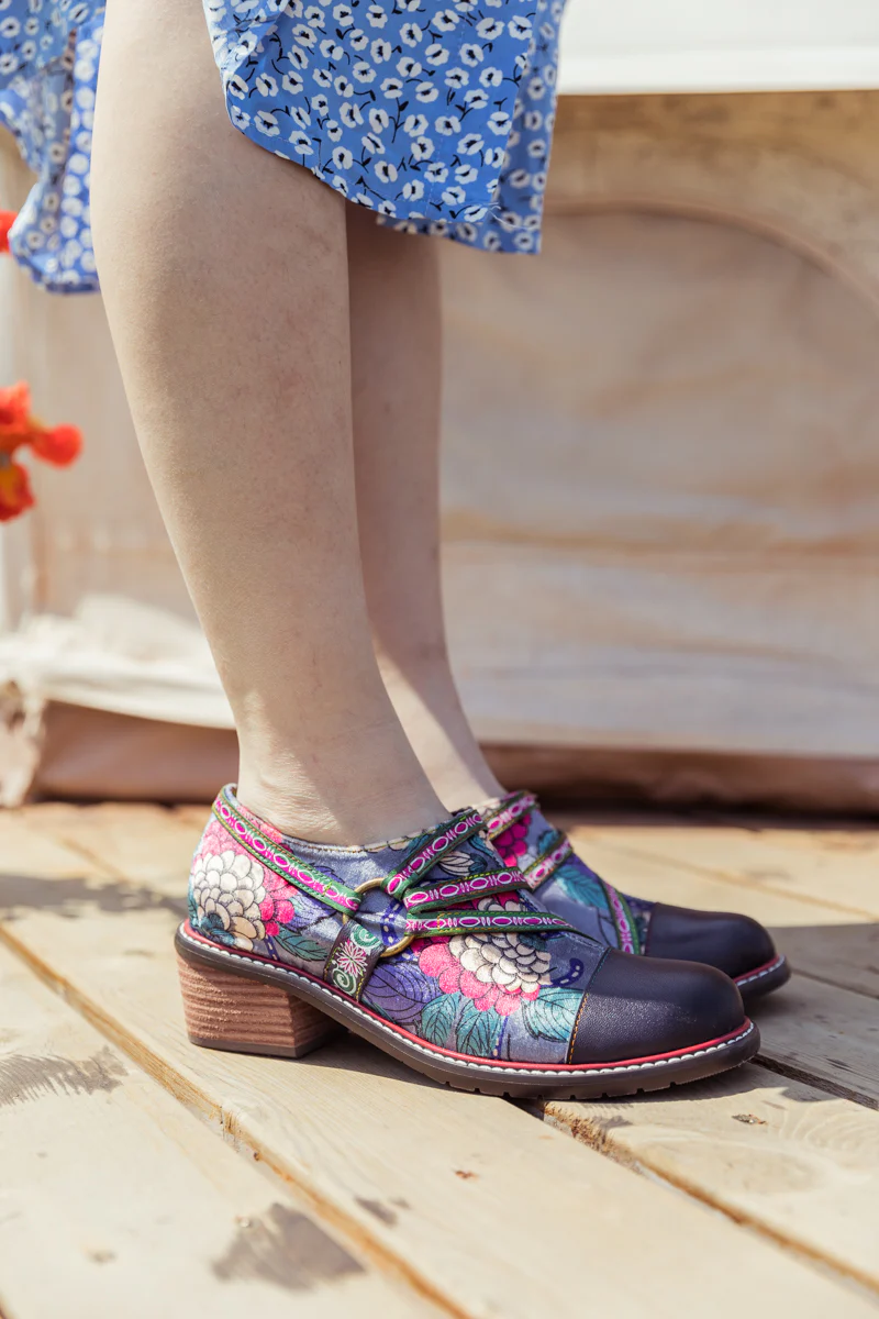 SOFFIA | Genuine Leather Peony Print Strap-Accent Loafer - Image 2