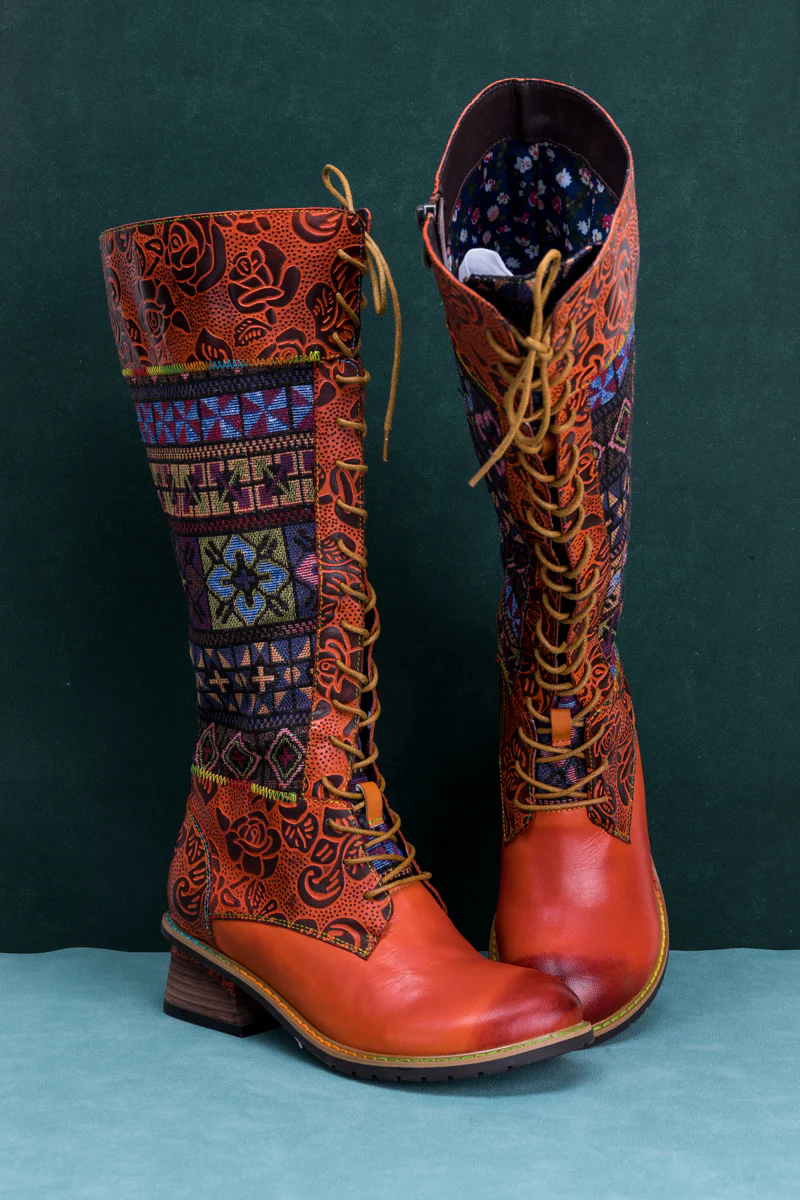SOFFIA | GEOMETRY PATCHWORK EMBOSSED LEATHER KNEE HIGH BOOT - Image 10
