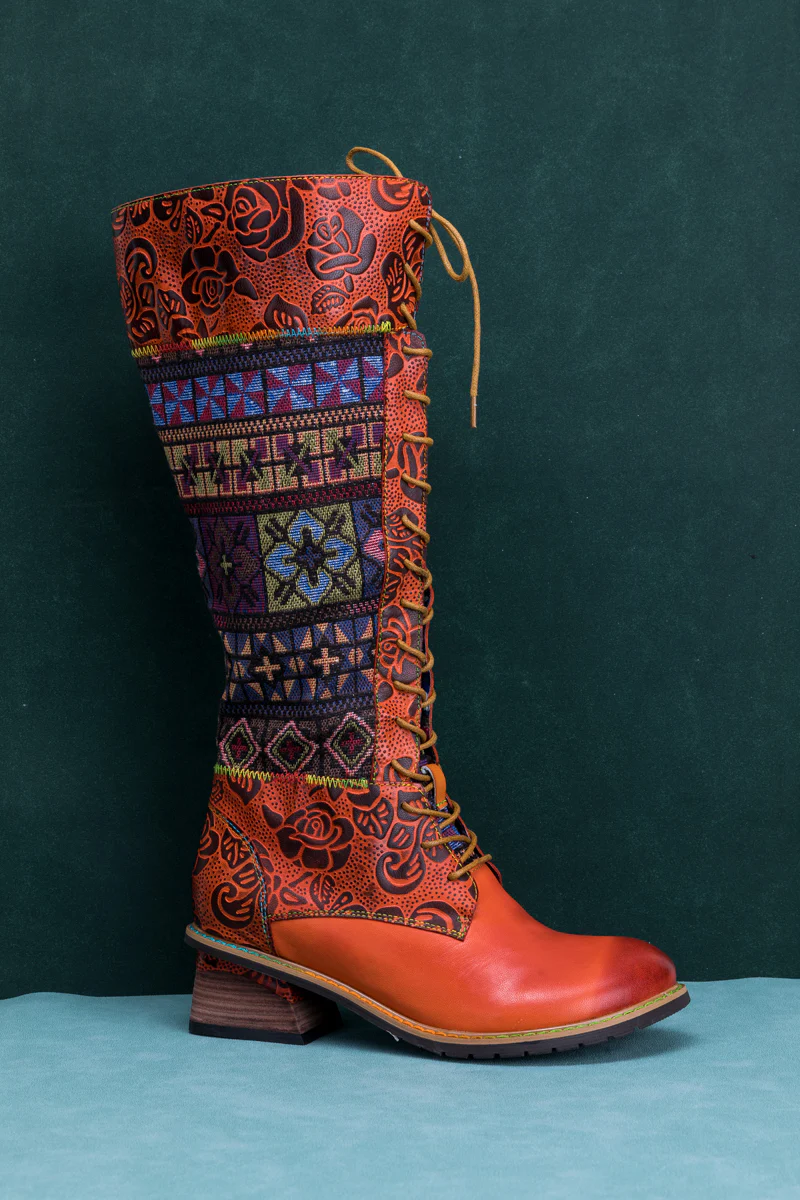 SOFFIA | GEOMETRY PATCHWORK EMBOSSED LEATHER KNEE HIGH BOOT - Image 11