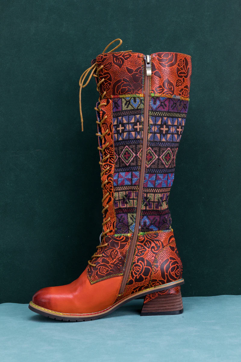 SOFFIA | GEOMETRY PATCHWORK EMBOSSED LEATHER KNEE HIGH BOOT - Image 12