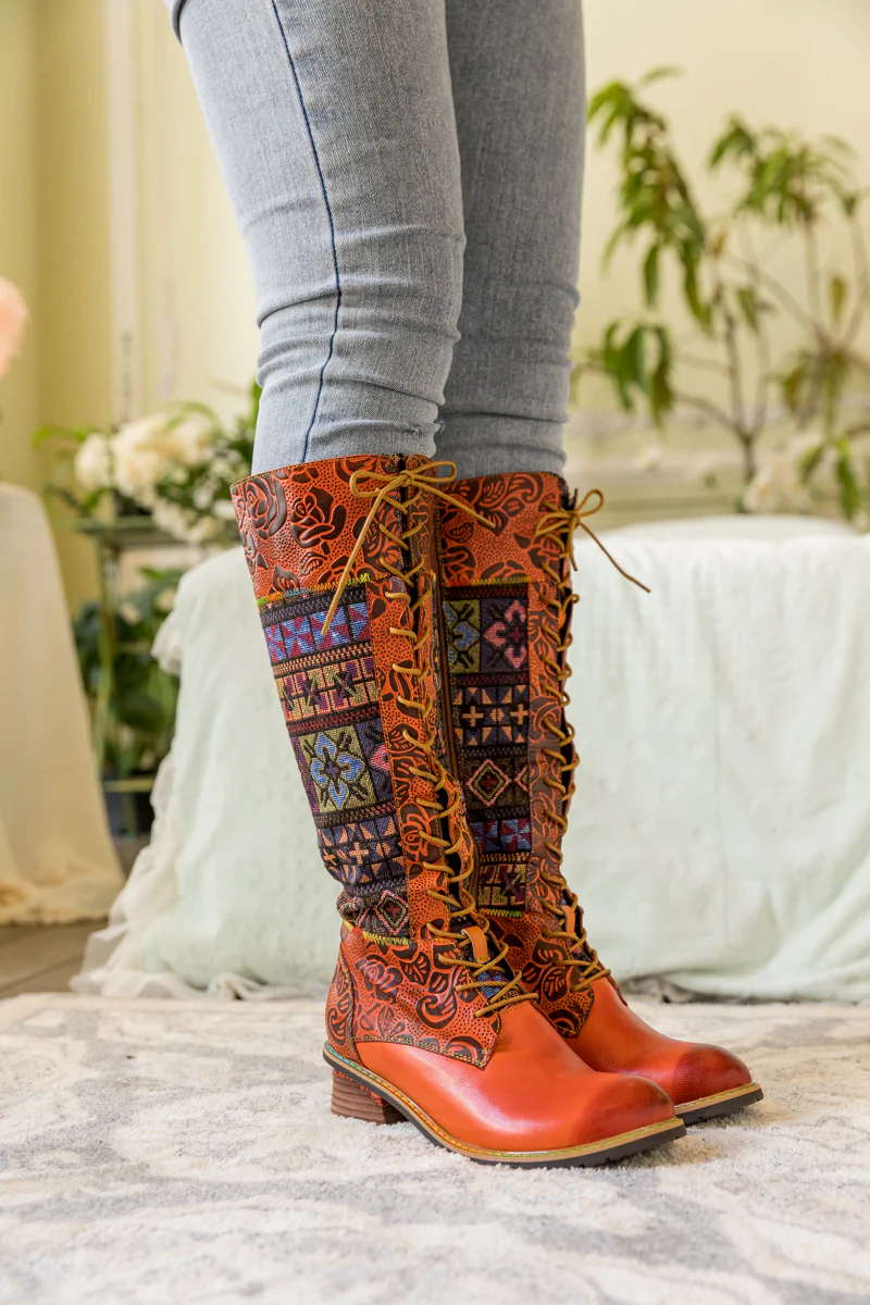 SOFFIA | GEOMETRY PATCHWORK EMBOSSED LEATHER KNEE HIGH BOOT - Image 2