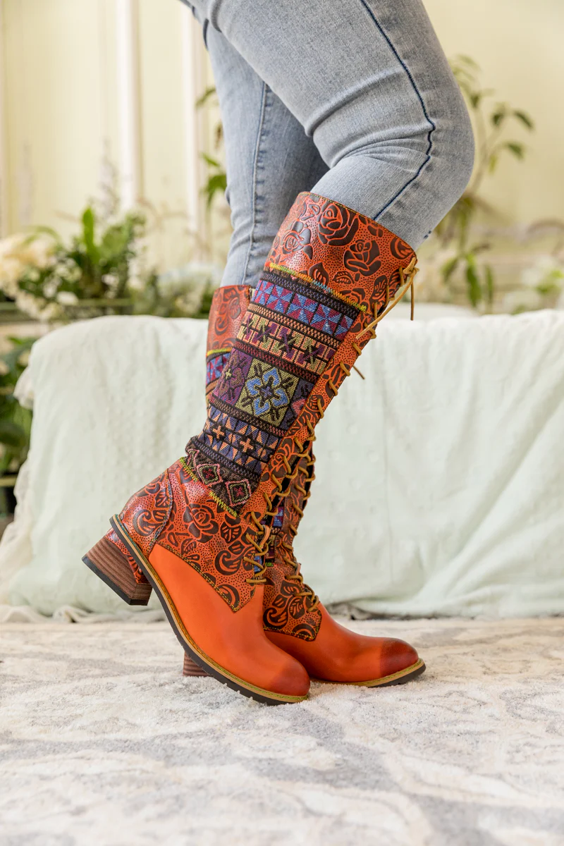 SOFFIA | GEOMETRY PATCHWORK EMBOSSED LEATHER KNEE HIGH BOOT - Image 3