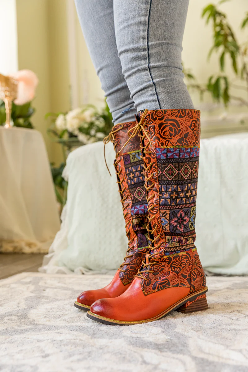 SOFFIA | GEOMETRY PATCHWORK EMBOSSED LEATHER KNEE HIGH BOOT - Image 4