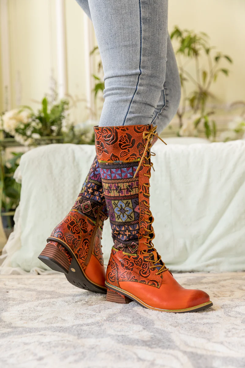 SOFFIA | GEOMETRY PATCHWORK EMBOSSED LEATHER KNEE HIGH BOOT - Image 5